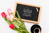 Flowers On Blackboard And Coffee Cup Psd