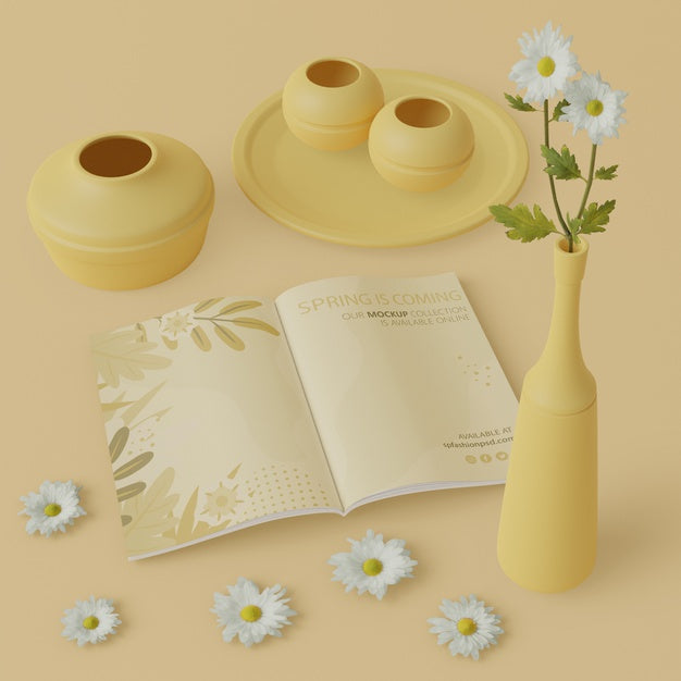 Flowers Vases In 3D With Spring Card On Table Psd