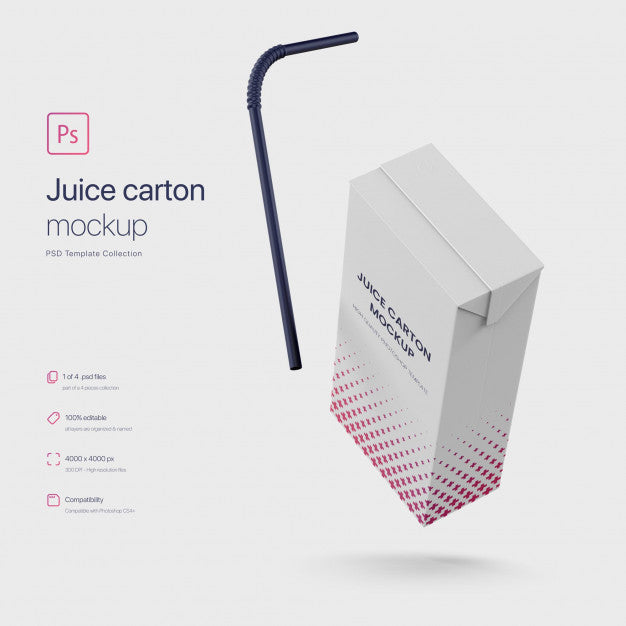 Flying Juice Paper Carton Packaging With Straw Mockup Psd