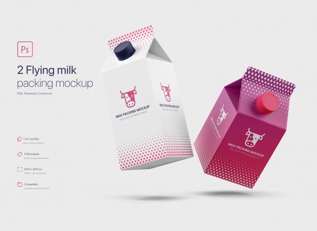 Flying Milk Carton Packing Mockup Psd