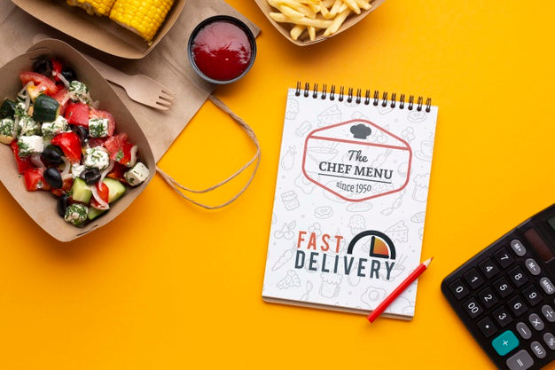 Food Delivery Composition With Notepad Mock-Up Psd