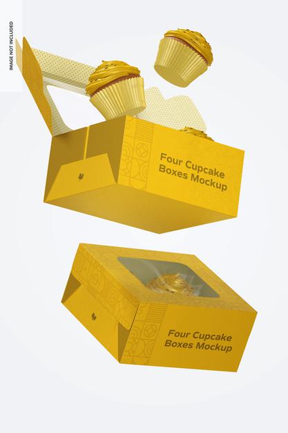 Four Cupcakes Boxes Mockup, Falling Psd