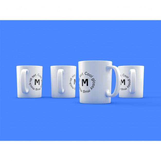 Four Mugs On Blue Background Mock Up Psd