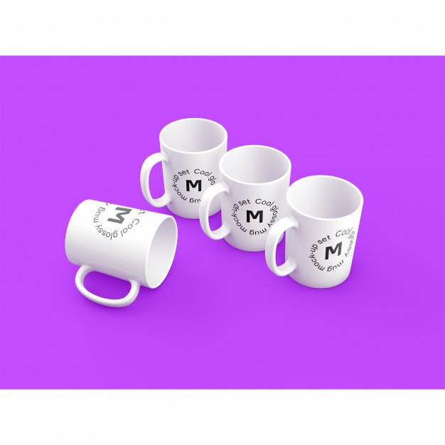 Four Mugs On Purple Background Mock Up Psd