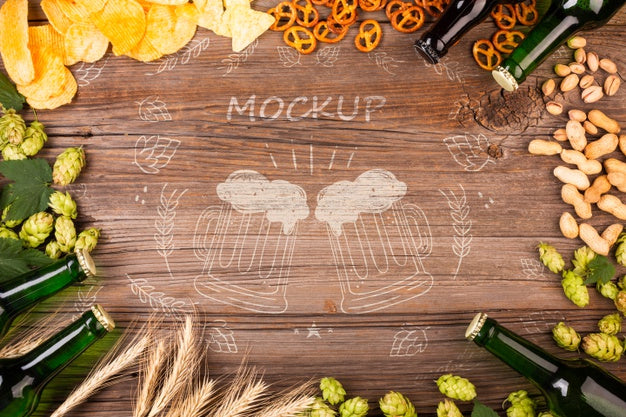 Frame Formed Of Beer Bottles And Beer Snacks Psd