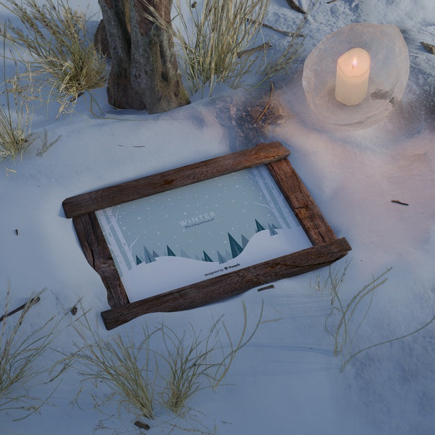 Frame Lighted By Candle On Winter Psd
