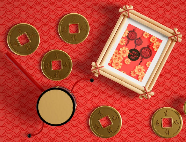 Frame Mock Up And Chinese Golden Coins Psd