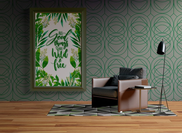 Frame Mock-Up Hanging On The Wall Next To Armchair Psd