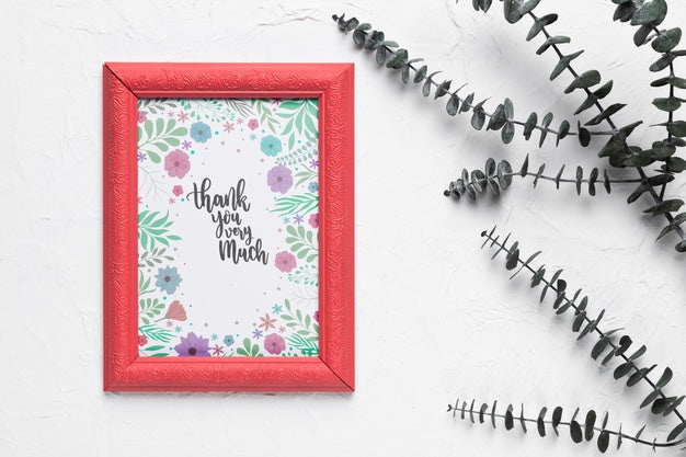 Frame Mock-Up With Plant In Flat Lay Psd