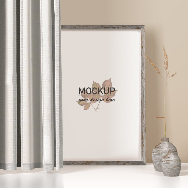 Frame Mock-Up With Vase And Curtains Psd
