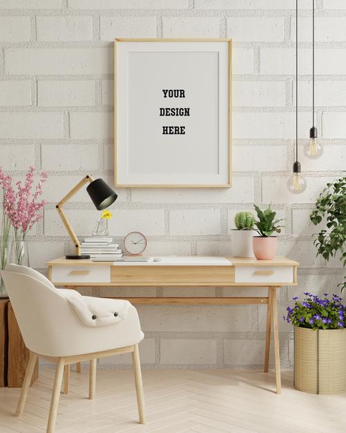 Frame Mockup In Home Work Room ,Minimalist Workspace Design.3D Rendering Psd
