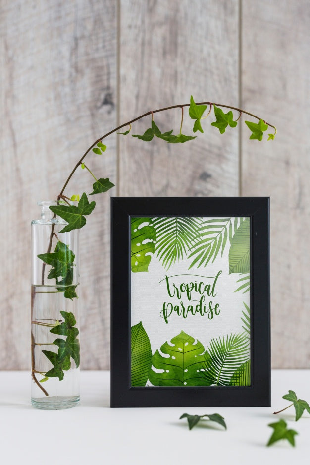 Frame Mockup Next To Plants Psd