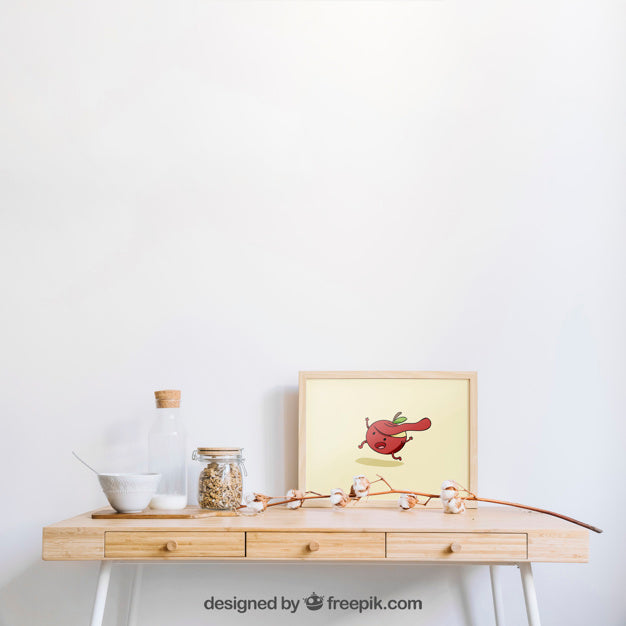 Frame Mockup On Wooden Desk Psd