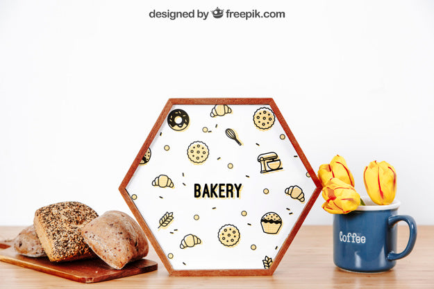 Frame Mockup With Bread And Mug Psd