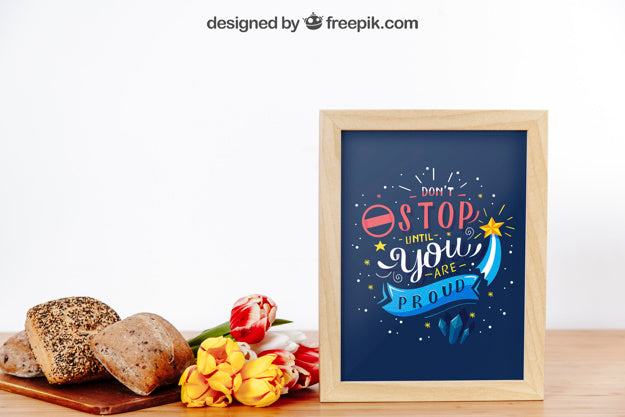 Frame Mockup With Breakfast And Flowers Psd