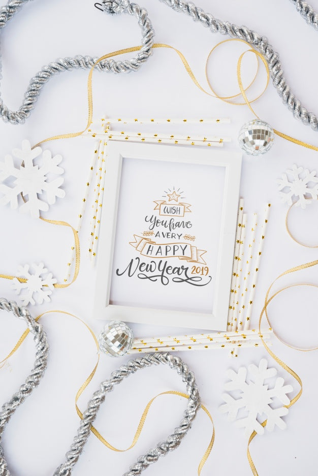Frame Mockup With New Year Decoration Psd