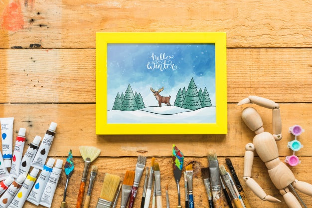 Frame Mockup With Paint Materials Psd