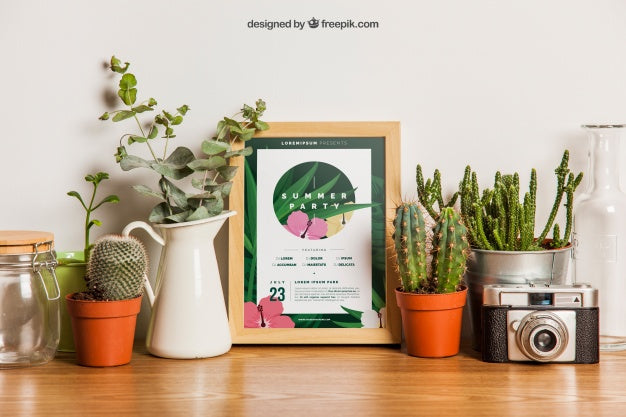Frame Mockup With Plants Psd