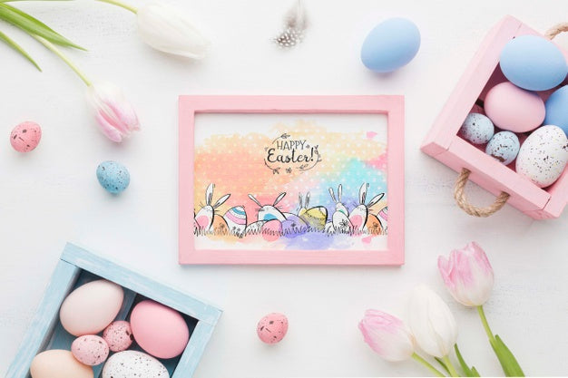 Frame Of Flowers And Painted Eggs Psd