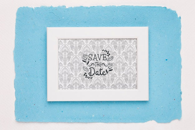 Frame On Blue Background Save The Date Mock-Up Psd