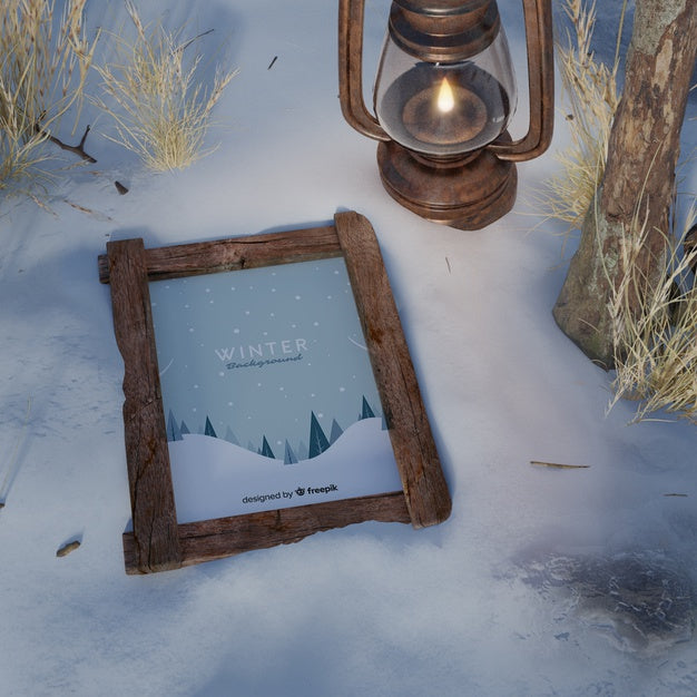 Frame On Snow Beside Lantern Psd