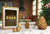 Frame With New Year Wish Message On Table Psd