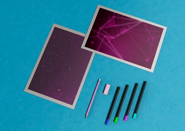 Framed Mock-Up Flyer Design Template And Pencils Psd