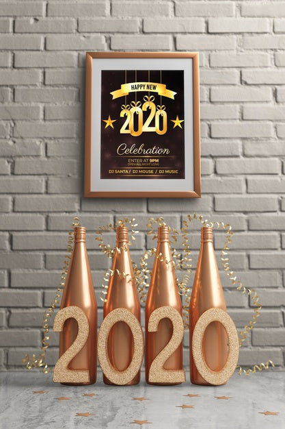 Framw Hanged On Wall Above Golden Bottles Psd