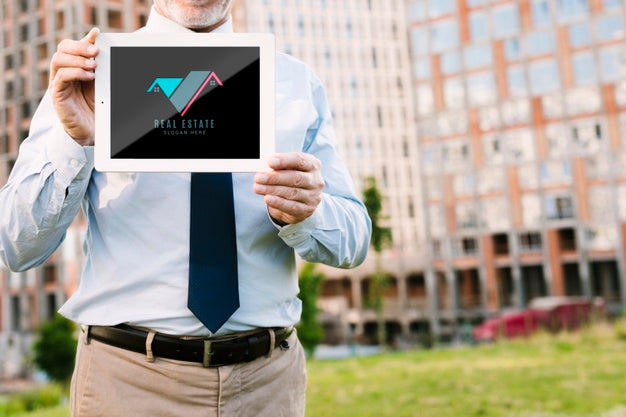 Front View Architect Holding A Tablet Mock-Up Psd