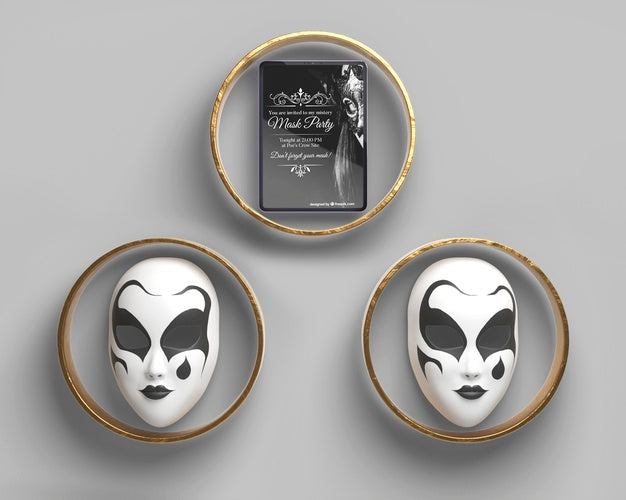 Front View Carnival Masks In Golden Rings Psd
