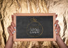 Front View Chalkboard With New Year Mock-Up Text And Hands Psd