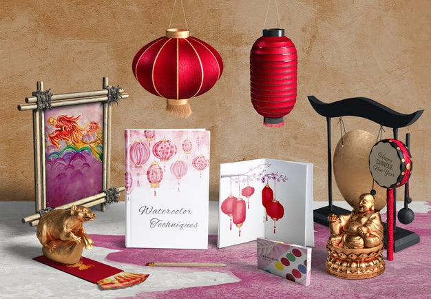 Front View Chinese New Year Accessories And Notebook Psd