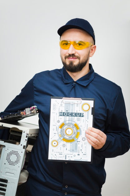 Front View Computer Repairman Mockup Psd
