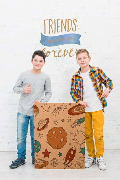 Front View Cool Kids With Drawing Psd