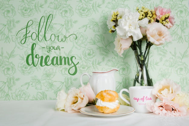 Front View Cute Arrangement With Motivational Quote Psd