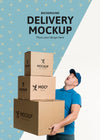 Front View Delivery Man Holding A Bunch Of Boxes Psd
