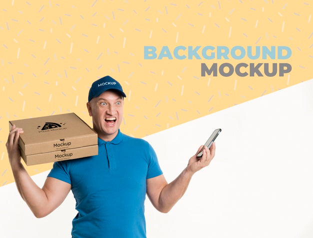 Front View Delivery Man Holding Some Pizza Boxes Mock-Up Psd