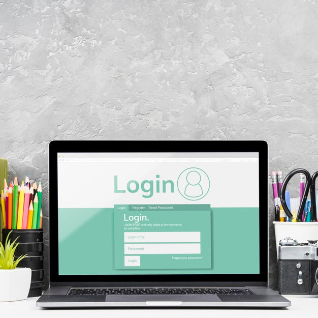 Front View Desktop Concept With Laptop Psd