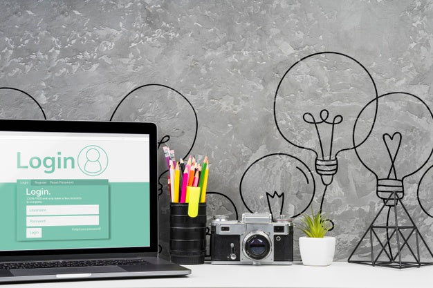 Front View Desktop Concept With Laptop Psd