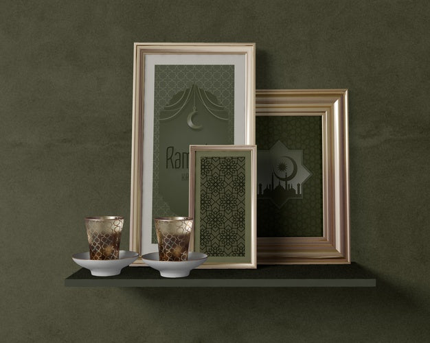 Front View Festive Ramadan Arrangement With Frames Mock-Up Psd