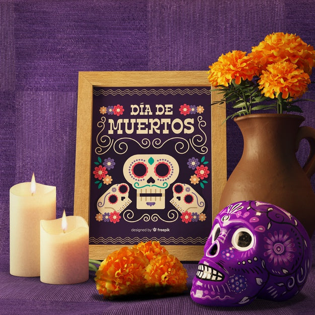 Front View Floral Skull Mock-Up On Violet Background Psd