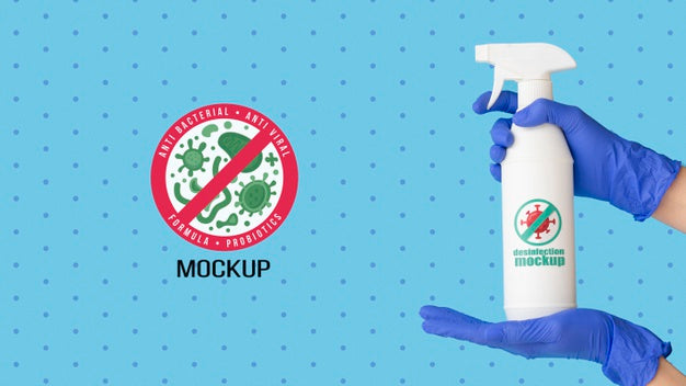 Front View Hand With Glove Holding Disinfection Bottle Mock-Up With Copy-Space Psd