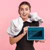 Front View Maid With Towel Holding Tablet Mock-Up Psd