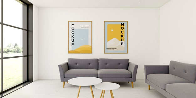 Front View Minimalist Interior Arrangement With Frames Mock-Up Psd
