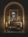 Front View Mock-Up Frame With Skull And Pile Of Books Psd