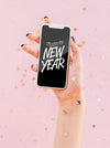 Front View New Year Minimalist Lettering On Phone Psd