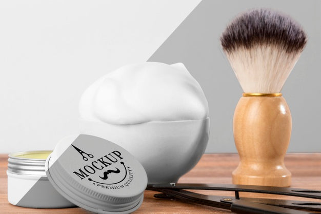 Front View Of Barbershop Products With Brush And Foam Psd
