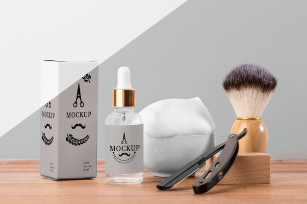 Front View Of Barbershop Products With Brush And Serum Psd