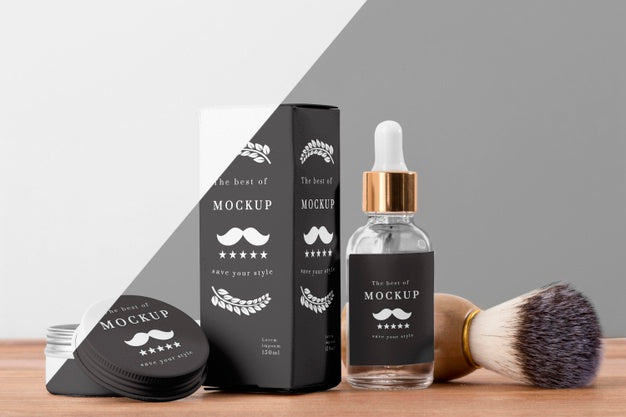 Front View Of Barbershop Products With Serum And Brush Psd