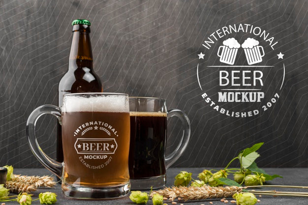 Front View Of Beer Pints And Bottle With Barley Psd